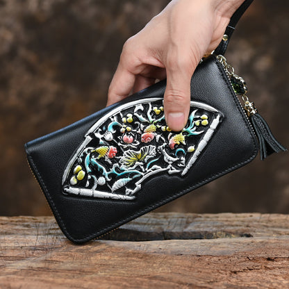 Vintage Cowhide Long Women's Clutch Bag, Multi Card Embossed Leather Zipper Bag