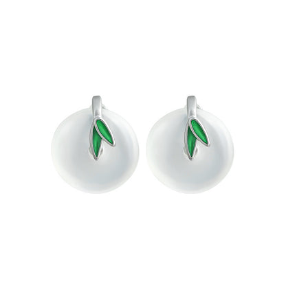 925 Silver Needle Bamboo Leaf Earrings with Natural Green Chalcedony, Safe Buckle, Women's Jewelry