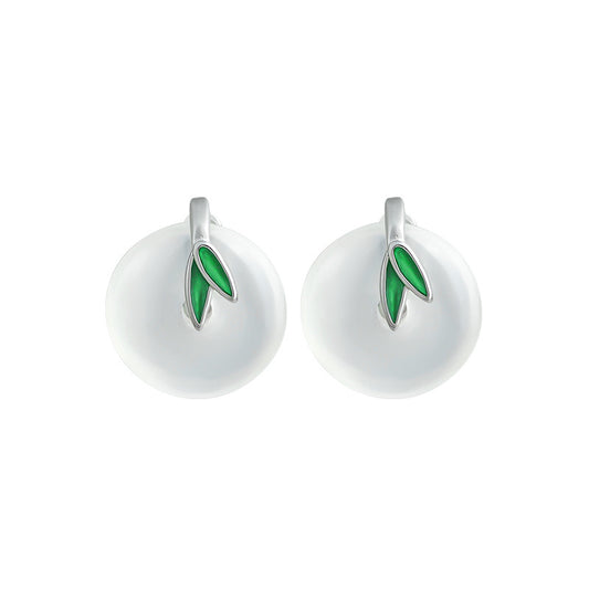925 Silver Needle Bamboo Leaf Earrings with Natural Green Chalcedony, Safe Buckle, Women's Jewelry