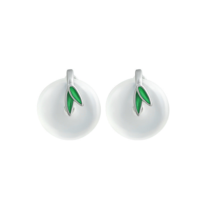 925 Silver Needle Bamboo Leaf Earrings with Natural Green Chalcedony, Safe Buckle, Women's Jewelry