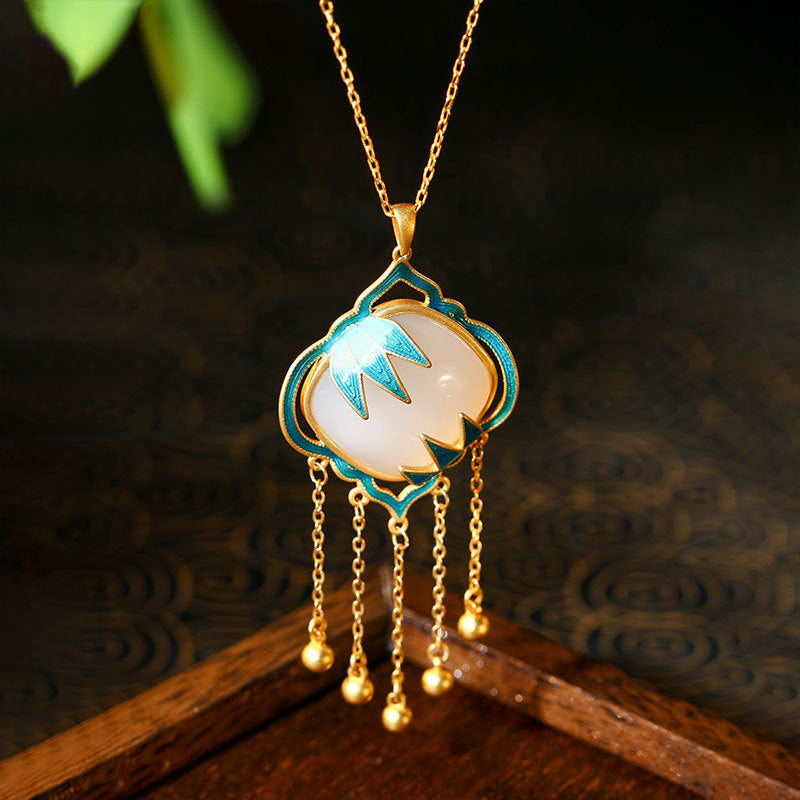 Enamel Painted Bamboo Leaf Square Pendant Necklace, Imitation Hetian Jade, 24k Gold Plated