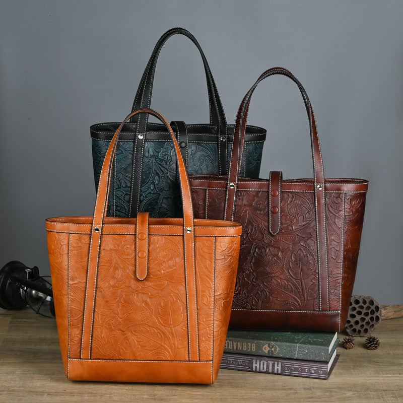 Vintage Cowhide Tote Bag, Large Capacity, Vegetable Tanned Leather, Embossed, Hand-polished