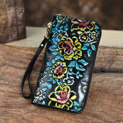 Genuine Leather Women's Wallet, Large Capacity, Multi Card, Embossed Handmade, Colorful Zipper Bag