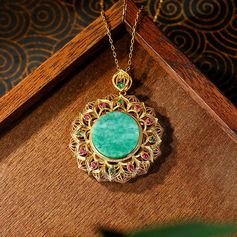Gold Plated A Dry Green Imitation Jade Diamond Sunflower Round Brand Necklace