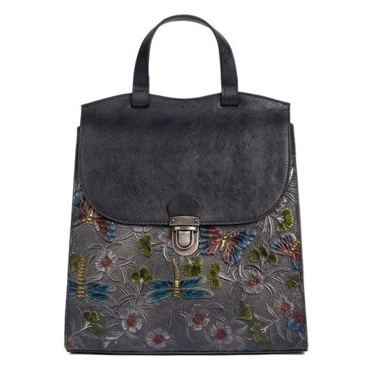 Genuine Vegetable Tanned Leather Embossed Women's Backpack