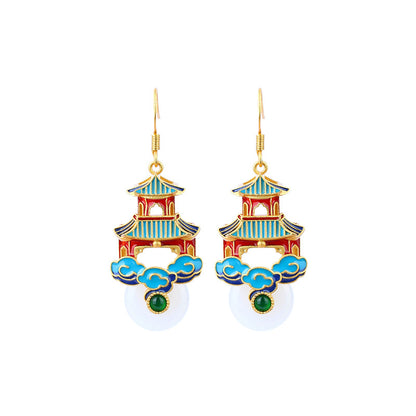 Ancient Style Imitation Jade Earrings with Copper Plated Gold Enamel Painting