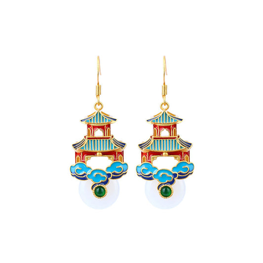 Ancient Style Imitation Jade Earrings with Copper Plated Gold Enamel Painting