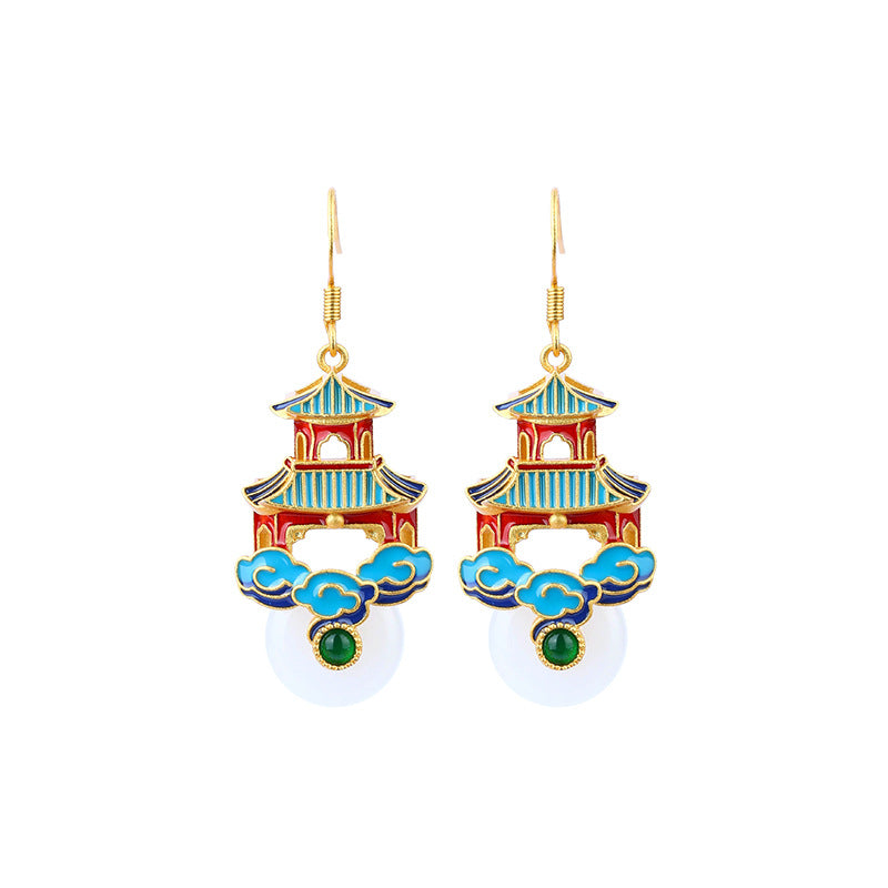Ancient Style Imitation Jade Earrings with Copper Plated Gold Enamel Painting