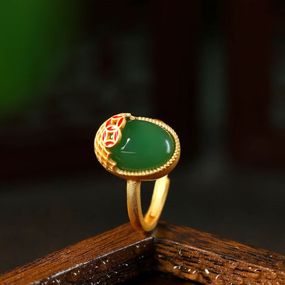 Red Riding Book Ring with Real Gold Plating and Imitation Emerald, Wealth Rolling Egg Design