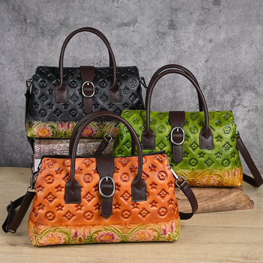 Vegetable Tanned Leather Embossed Handmade Multipurpose Handbag