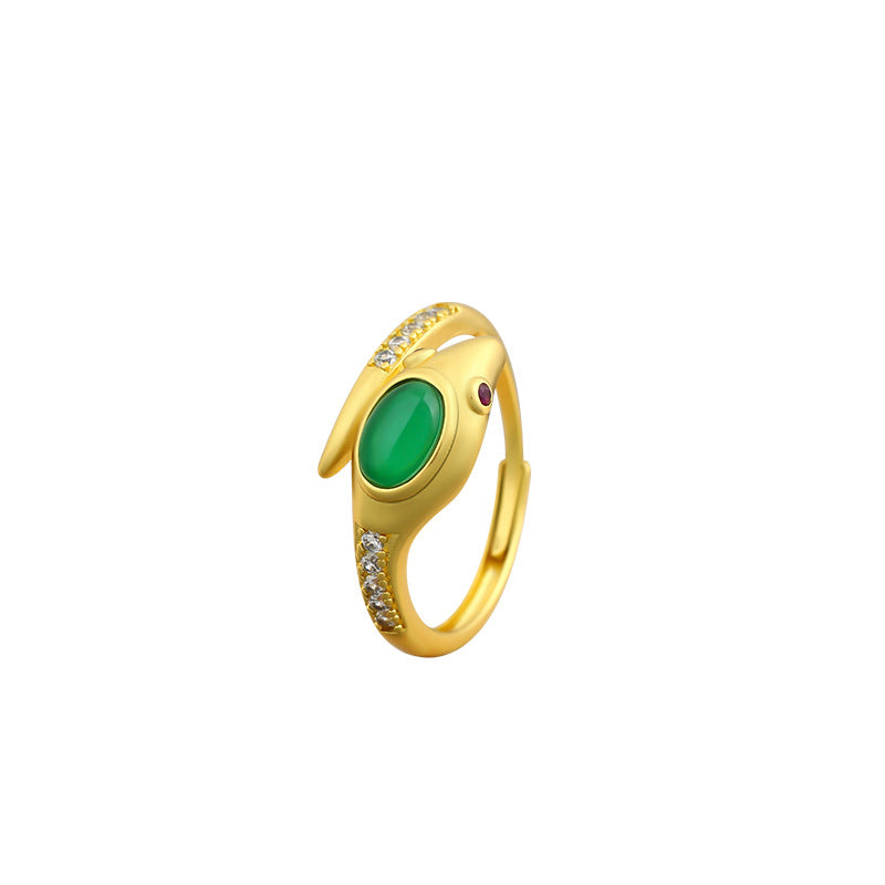 Gold Plated Green Eye Snake Ring with Triangle Snake Head