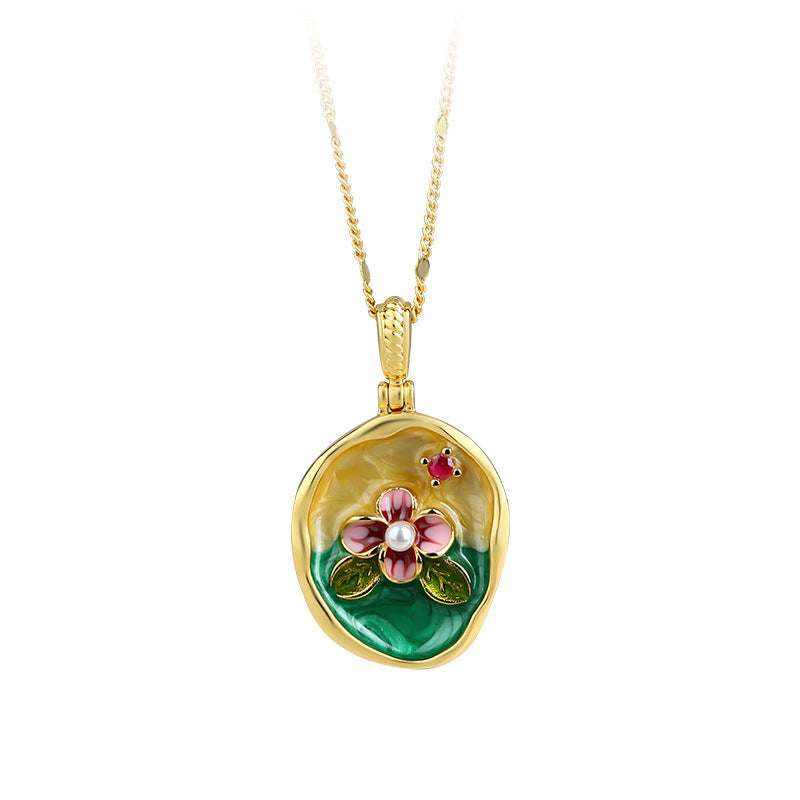 Monet Garden French Retro Oil Painting Flower Pendant Necklace