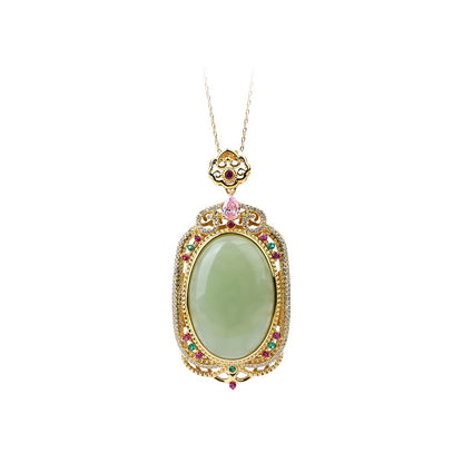 Elegant Gold-plated Copper-plated Imitation Hetian Jade Pendant with Micro-inlaid Colored Diamond Necklace for Men and Women