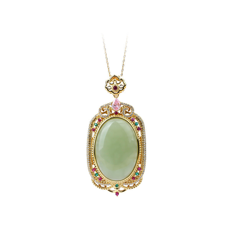 Elegant Gold-plated Copper-plated Imitation Hetian Jade Pendant with Micro-inlaid Colored Diamond Necklace for Men and Women
