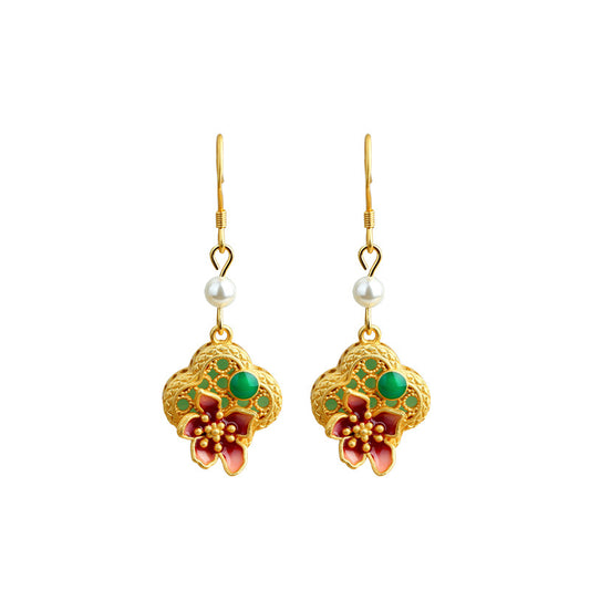 Real Gold Electroplated 925 Silver Pin Earrings with Imitation Jade Pearls for Women