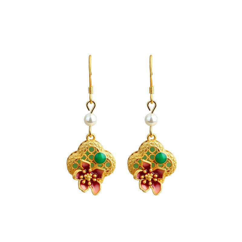 Real Gold Electroplated 925 Silver Pin Earrings with Imitation Jade Pearls for Women