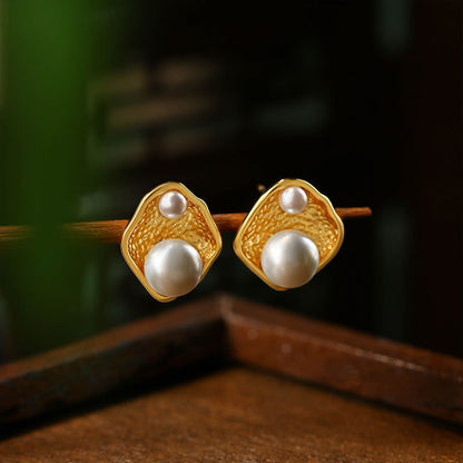 Gold Plated Irregular Diamond Pearl 925 Silver Needle Earrings