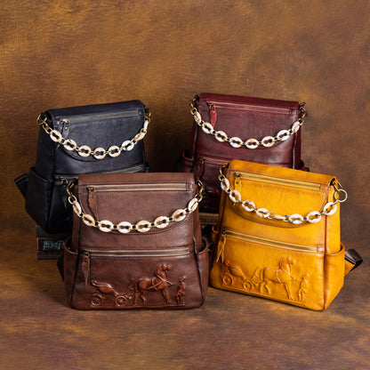 Top layer cowhide embossed handmade leather backpack
