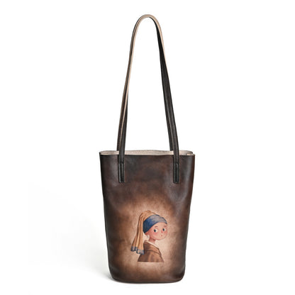 2025 Hand-Polished First Layer Cowhide Shoulder Bucket Bag, Lazy Literary Retro Print