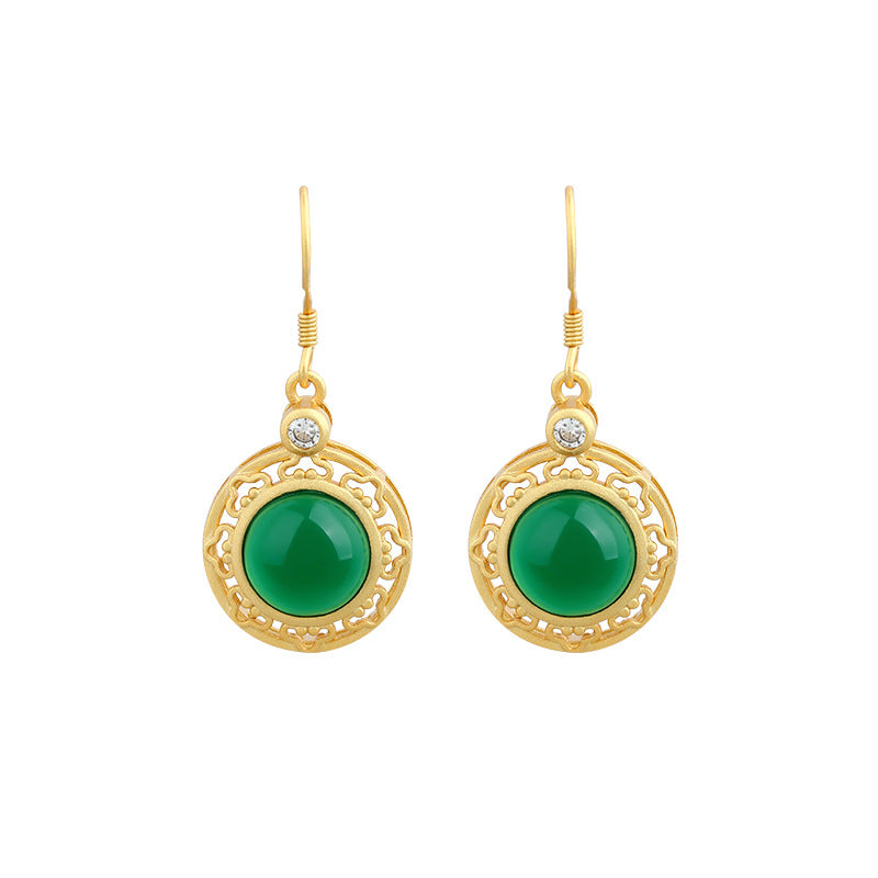 925 Silver Needle Gold Plated, Inlaid Imitation Hetian Jade Earrings for Women