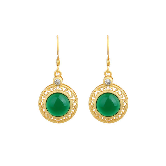 925 Silver Needle Gold Plated, Inlaid Imitation Hetian Jade Earrings for Women
