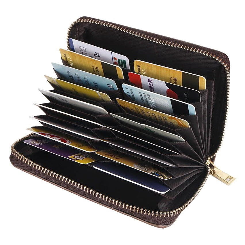 Top Layer Cowhide Embossed Hand Color Large Capacity Zipper Organ Card Bag Vintage Genuine Leather Coin Purse