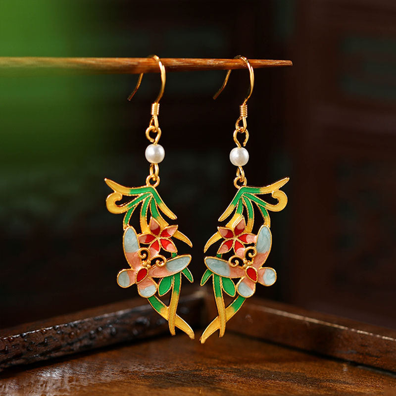 Original Design Color Oil Dropping Butterfly Pearl Silver Pin Earrings for Women