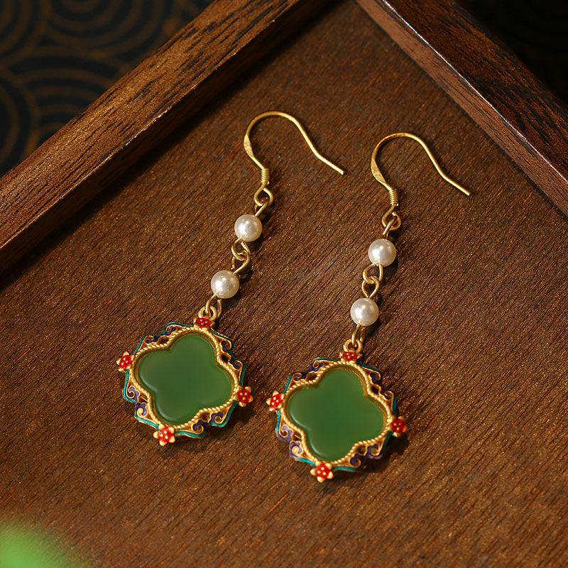 Palace Style Ancient Gold Plated Cold Enamel Four-leaf Clover Earrings