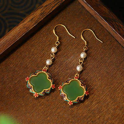 Palace Style Ancient Gold Plated Cold Enamel Four-leaf Clover Earrings