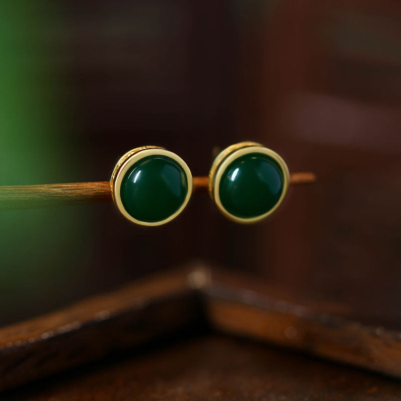 925 Silver Needle Retro Ink Emerald Round Earrings