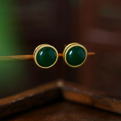 925 Silver Needle Retro Ink Emerald Round Earrings