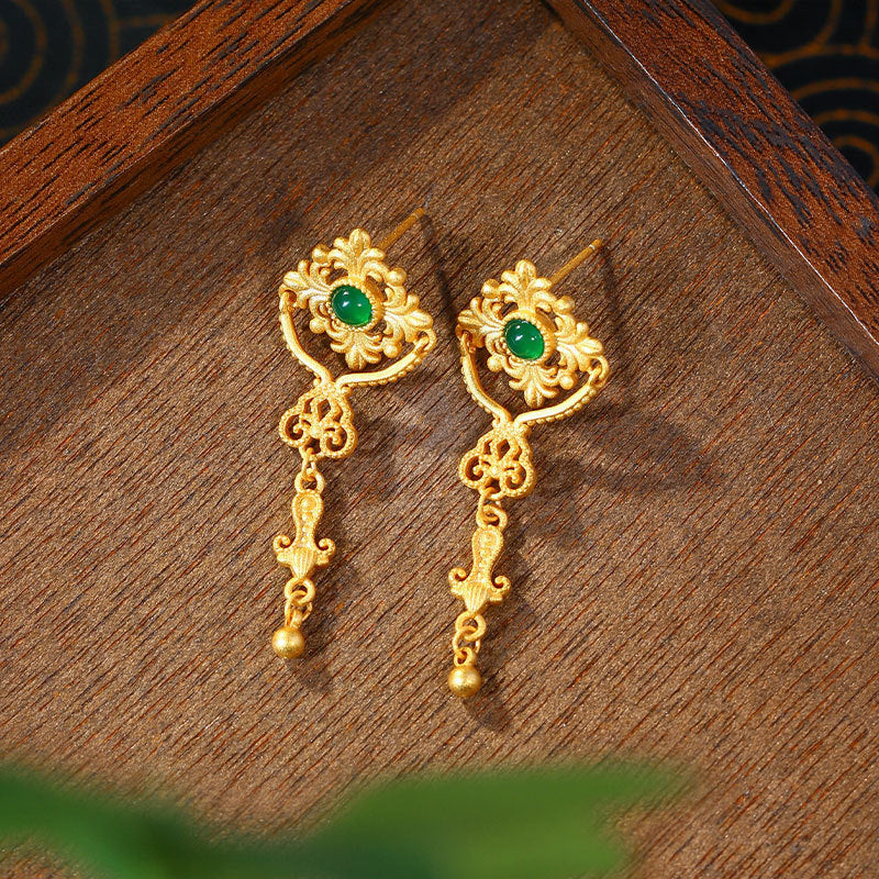 Ancient Method Gold-plated Imitation Jade Lace Tassel Earrings, Silver Needle