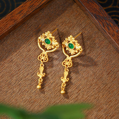 Ancient Method Gold-plated Imitation Jade Lace Tassel Earrings, Silver Needle