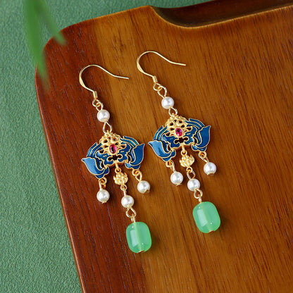 Antique Cloisonne Burned Blue Fushou Ruyi Imitation Hetian Jade Earrings