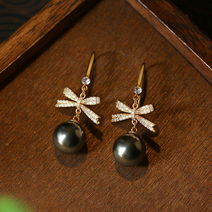 Korean Exquisite Temperament Zircon Bow Pearl Niche Design Fashion Earrings