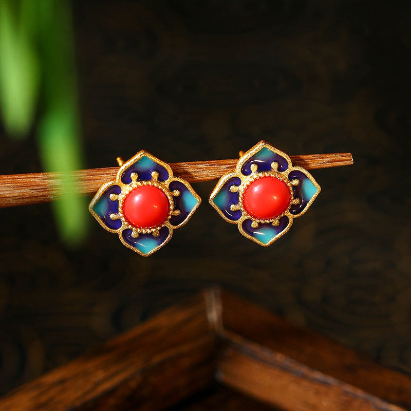 Four Ruyi Imitation South Red S925 Silver Enamel Earrings