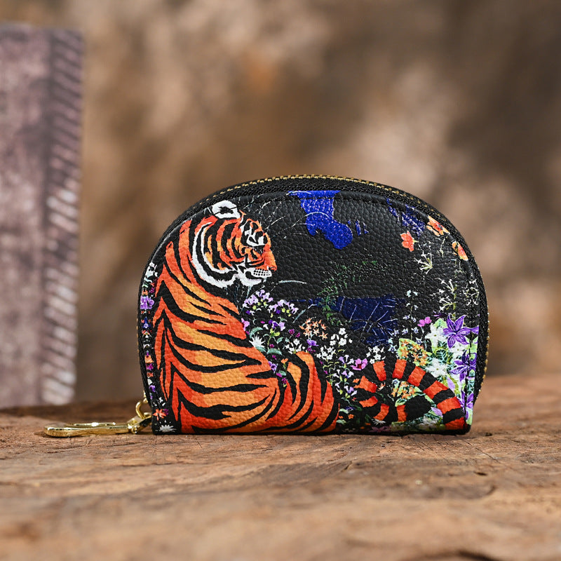 Genuine leather women's card holder, first layer cowhide embossed coin purse, vintage style, new color printing