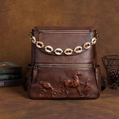 Top layer cowhide embossed handmade leather backpack