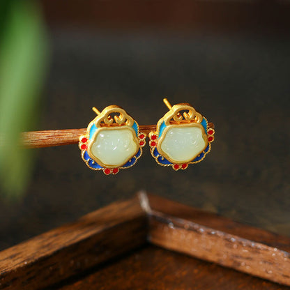 Elyuan Ancient Method Gold Plated 925 Silver Imitation Hetian Jade Xiangyun Ruyi Peace Lock Earrings