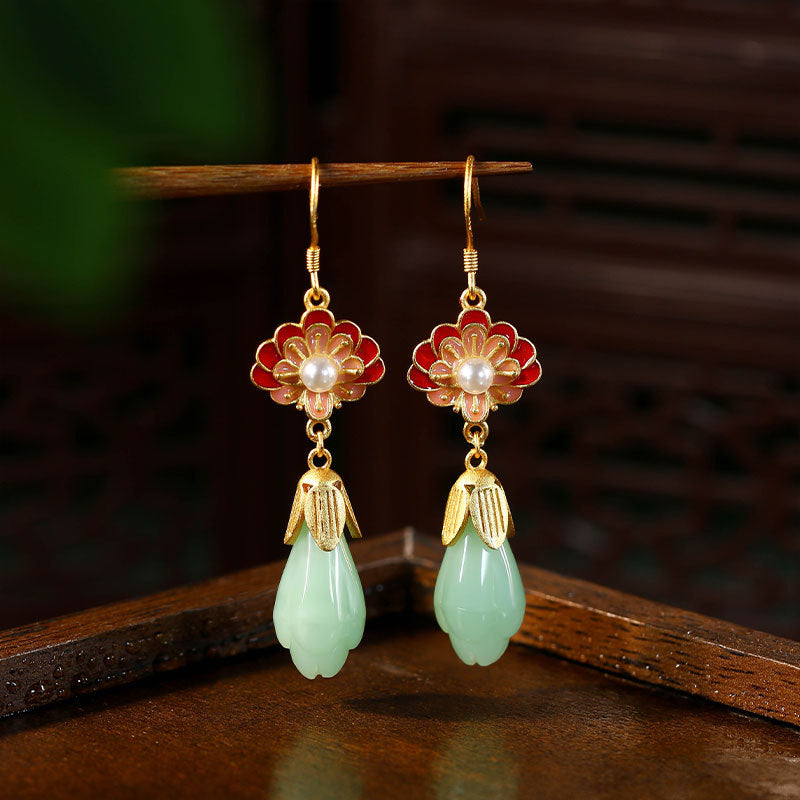 Aieryuan 925 Silver Lotus Earrings with Enamel Imitation Jade