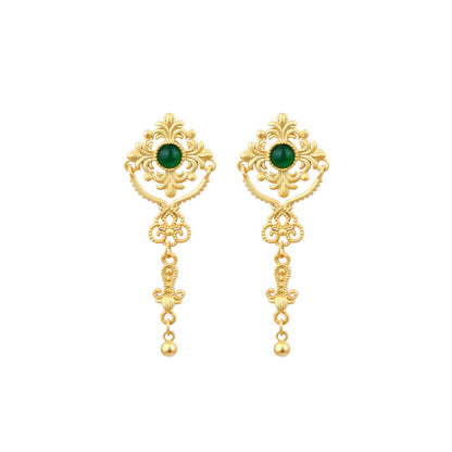 Ancient Method Gold-plated Imitation Jade Lace Tassel Earrings, Silver Needle