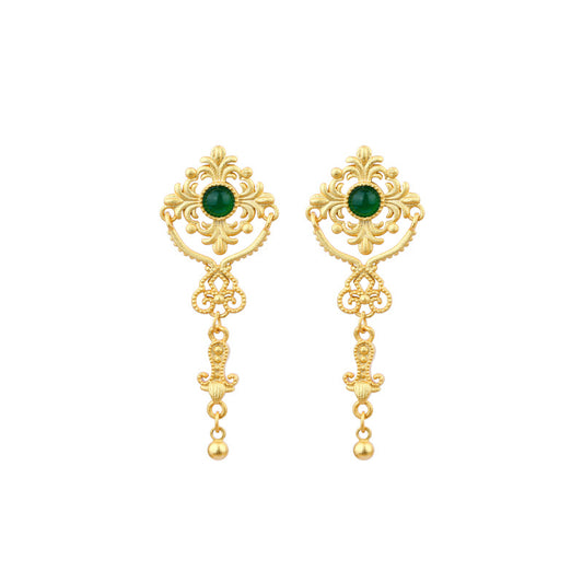 Ancient Method Gold-plated Imitation Jade Lace Tassel Earrings, Silver Needle