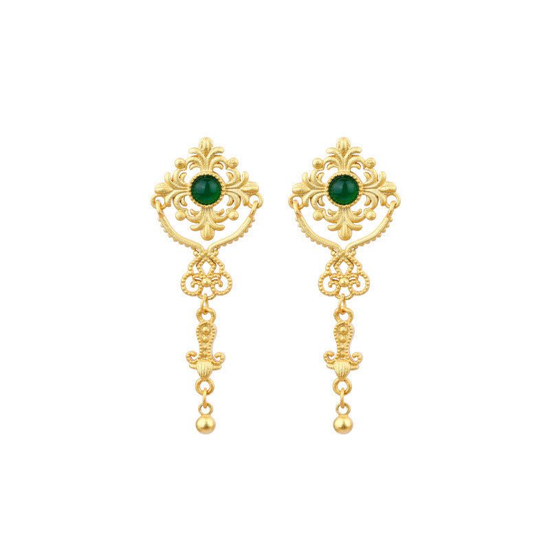 Ancient Method Gold-plated Imitation Jade Lace Tassel Earrings, Silver Needle