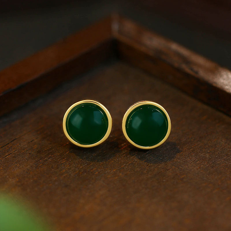 925 Silver Needle Retro Ink Emerald Round Earrings