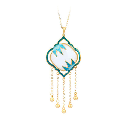 Enamel Painted Bamboo Leaf Square Pendant Necklace, Imitation Hetian Jade, 24k Gold Plated