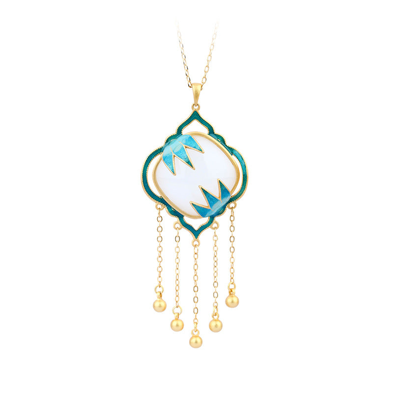 Enamel Painted Bamboo Leaf Square Pendant Necklace, Imitation Hetian Jade, 24k Gold Plated