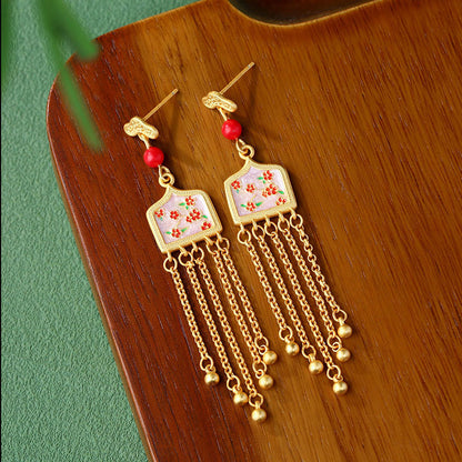 925 Silver Burned Blue Plum Blossom Tassel Earrings, Enamel Embellished, Vintage Style