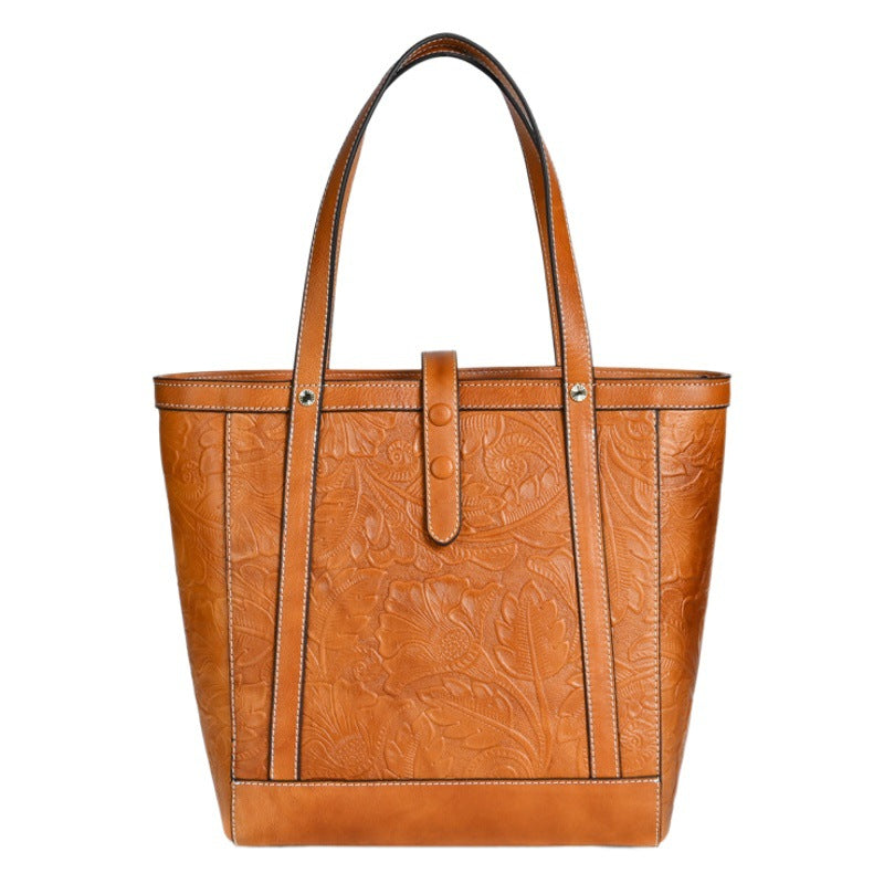 Vintage Cowhide Tote Bag, Large Capacity, Vegetable Tanned Leather, Embossed, Hand-polished