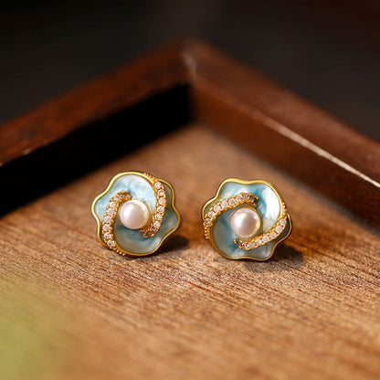 Small Sweet Potato Artificial Pearl Camellia Earrings, Real Gold Plating, French Vintage