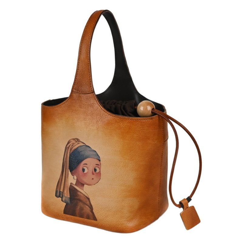 First layer cowhide lazy style printed blue bucket bag